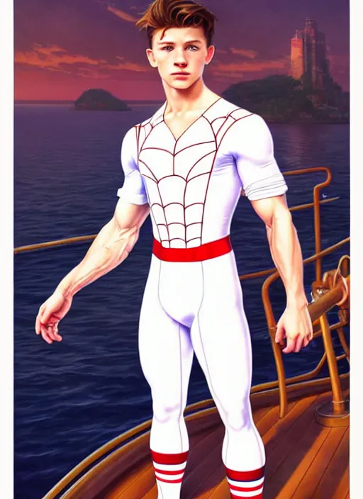 Image similar to muscular cute tom holland wearing white sailor outfit on a steam boat, natural lighting, path traced, highly detailed, high quality, digital painting, by don bluth and ross tran and studio ghibli and alphonse mucha, artgerm