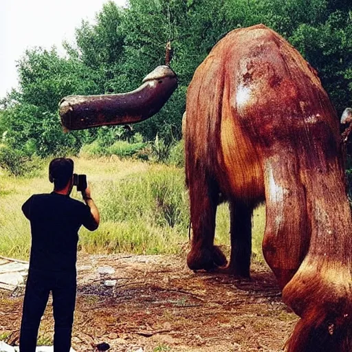 Prompt: “color photo of a Neanderthal with no cloth man taking an iPhone photo of a rusted big mammoth on the grill, National Geographic , anthropology photo”