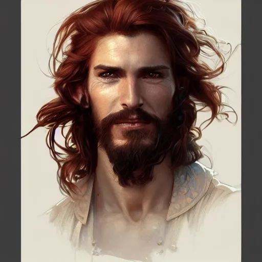 Image similar to portrait of a young ruggedly handsome but joyful pirate, male, masculine, upper body, red hair, long hair, d & d, fantasy, intricate, elegant, highly detailed, digital painting, artstation, concept art, matte, sharp focus, illustration, art by artgerm and greg rutkowski and alphonse mucha