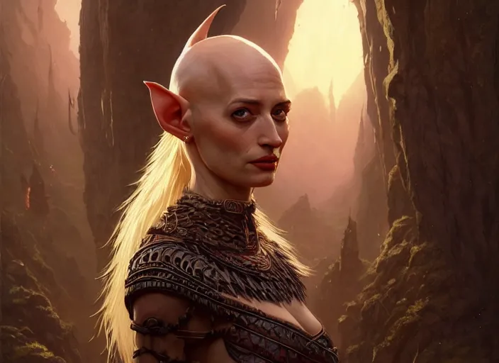 Prompt: highly detailed portrait of eva green as a bald tribal elf, in skyrim, stephen bliss, unreal engine, fantasy art by greg rutkowski, loish, rhads, ferdinand knab, makoto shinkai and lois van baarle, ilya kuvshinov, rossdraws, tom bagshaw, global illumination, radiant light, detailed and intricate environment