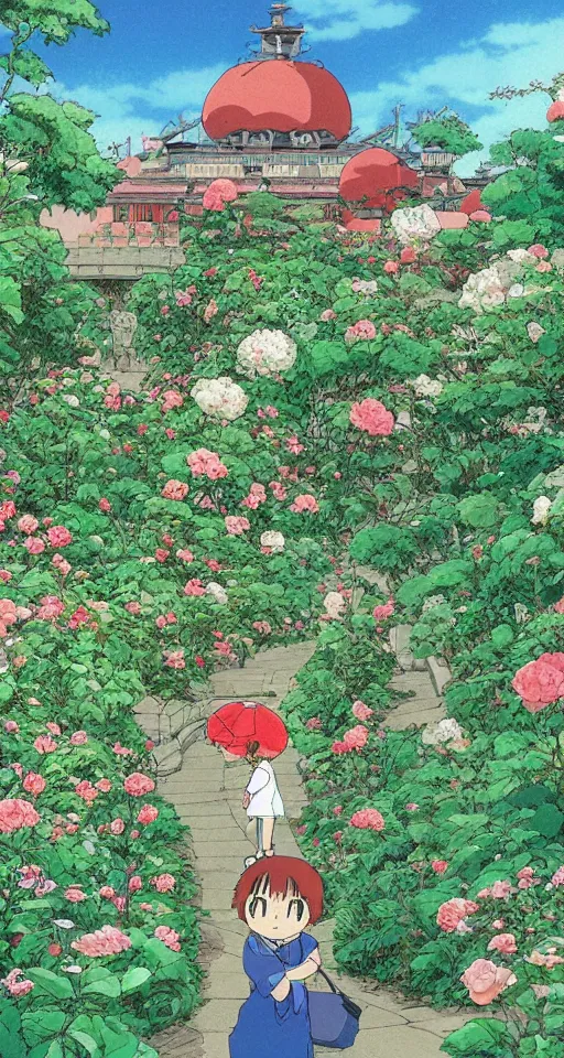 Image similar to studio ghibli rose garden by hayao miyazaki