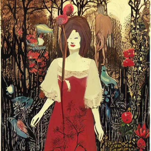 Image similar to In the art installation Vasilisa can be seen standing in the forest, surrounded by animals. She is holding a basket of flowers in one hand and a spindle in the other. Her face is turned towards the viewer, with a gentle expression. In the background, the forest is depicted as a dark and mysterious place. red by Richard Burlet, by Siya Oum decorative