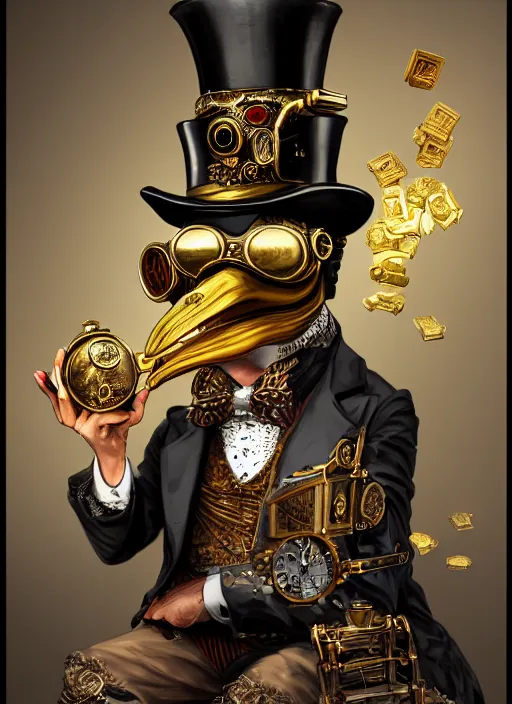 Prompt: athropomorphized rich penguin capitalist sitting on pile of gold, wearing steampunk top hat, goggles, drinking tea, concept art, insanely detailed and intricate, hypermaximalist, elegant, ornate, hyper realistic, super detailed, art deco, cinematic, trending on artstation, magic the gathering artwork, centered