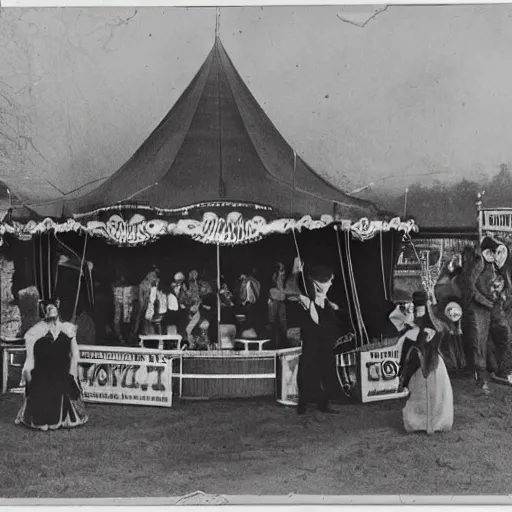 Prompt: traveling carnival performers, eerie, black and white photo, historic, realistic, highly detailed, 1 8 0 0 s