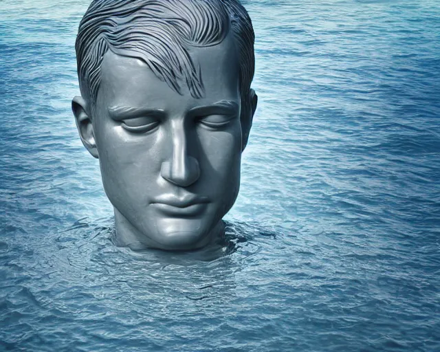 Prompt: a giant sculpture in the ocean of an abstract human head, hyper - realistic, very detailed, realistic water, ray tracing, 8 k resolution, long - shot, sharp focus, low angle, 8 5 mm photograph, wide lens