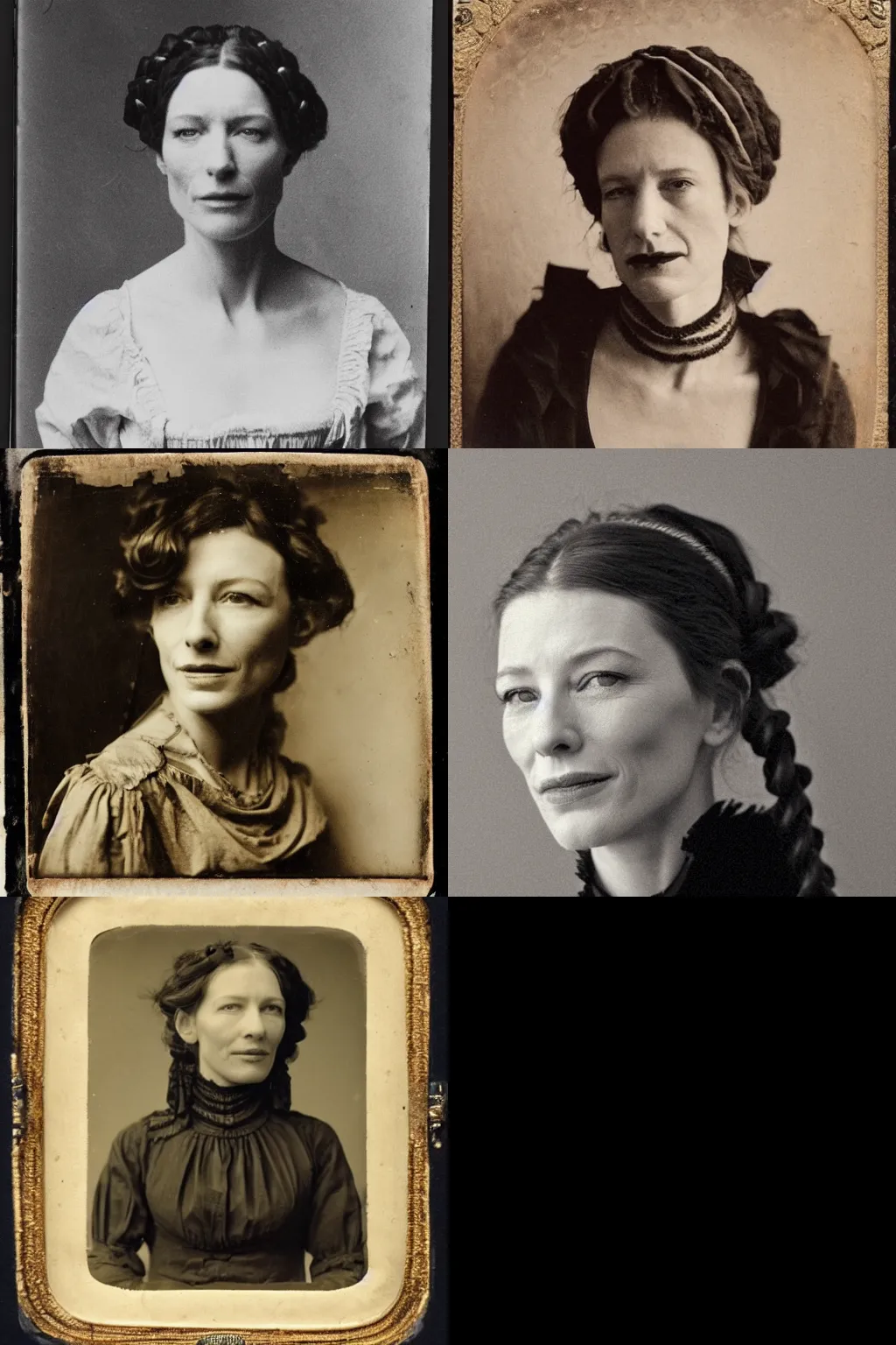 Prompt: mid 1 9 th century, thirtysomethins years old, mischievous!!, smirking cate blanchett with termed kyphosis as an austro - hungarian woman ( with wart, messy bun, brown hair, huge black headgear ), daguerreotype by emil rabending