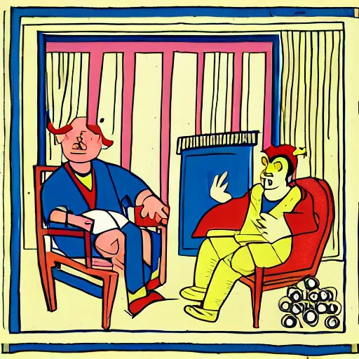 Prompt: the greek god eros who is a clown, has hurt his knee and sitting in a chair and is watching the game on tv with a beer in hand, by chris ware