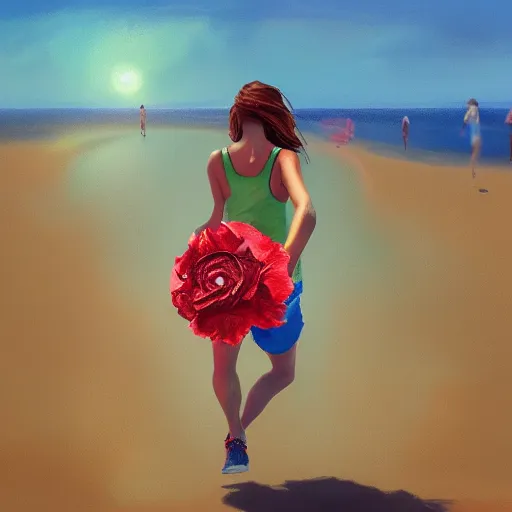 Image similar to portrait, giant rose flower head, woman running at the beach, surreal photography, sunrise, blue sky, dramatic light, impressionist painting, digital painting, artstation, simon stalenhag