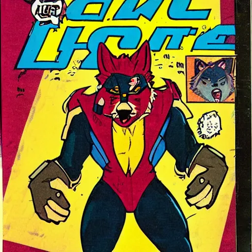 Image similar to 1 9 8 0 s comic book cover scan featuring a portrait of villain male wolf o'donnell anthropomorphic wolf furry fursona from starfox wearing a dark space mercenary uniform, dark grey wolf, handsome eyes, wolf o'donnell