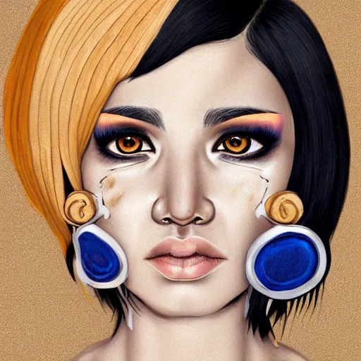 Image similar to illustrated realistic portrait of ram-horned devil woman with blue bob hairstyle and her tan colored skin and with solid black eyes wearing leather by rossdraws