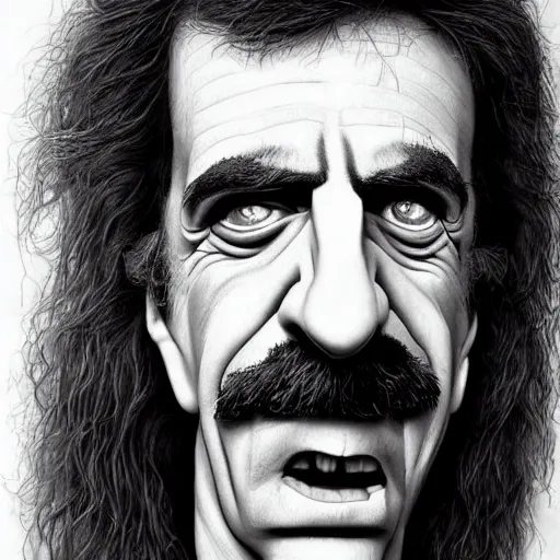 Image similar to Caricature portraits done of Frank Zappa, realistic, hyperrealistic, very realistic, highly detailed, very detailed, extremely detailed, detailed, oil painting, digital art, trending on artstation