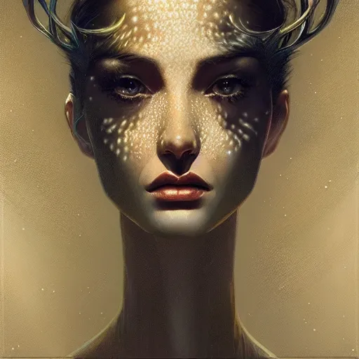 Image similar to a dramatic portrait of a woman showing affection to deer, cinematic lighting, symmetric face by karol bak, christopher balaskas