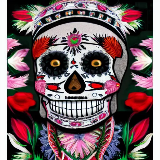 Image similar to new born baby, self - portrait, symmetry, intricate, dia de los muertos, skull mask, aztec ultra detailed feathered dress, 8 k resolution,