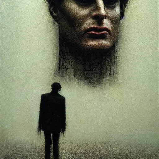 Image similar to patrick bateman standing in the rainy dark streets, portrait, wlop, beksinski and greg rutkowksi, beautiful ambience