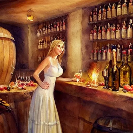 Image similar to beautiful blonde in hot dress in a wine cellar, food, pork, beer, schnapps, rustic, traditional, torches on the wall, watercolor by vladimir volegov, highly detailed, masterpiece