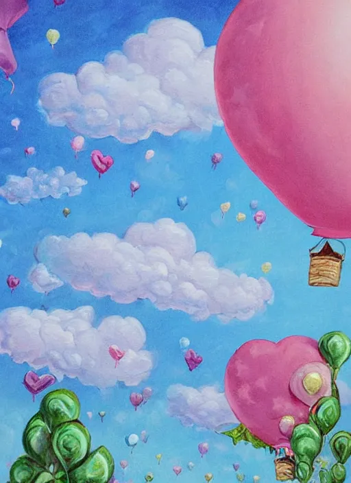 Image similar to detailed painting that is beautiful and whimsical with cotton candy clouds and balloon hearts and flowers inside