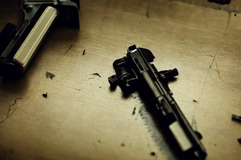 Prompt: film still of closeup pistol taped under table, cinematic, moody, gritty neon noir by emmanuel lubezki