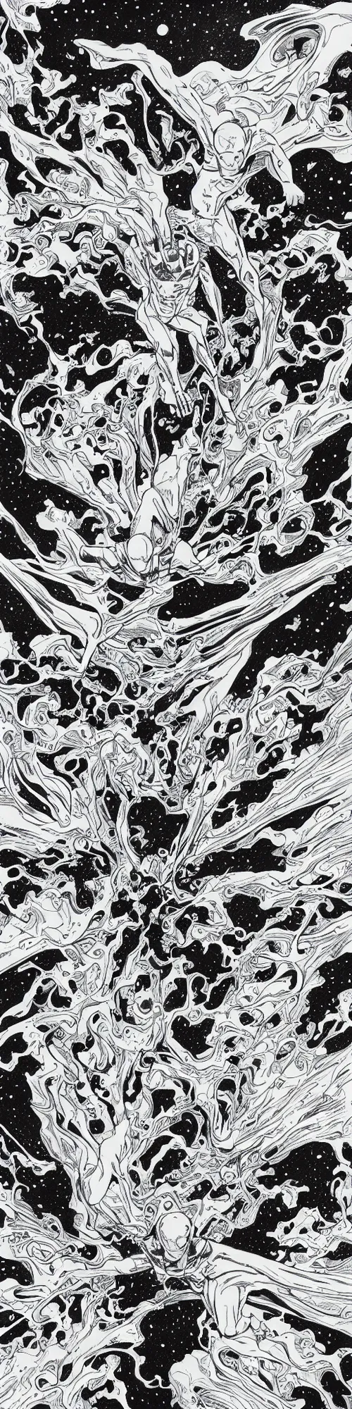 Image similar to silver surfer in space hovering above earth, by james jean, black and white, pencil drawing,