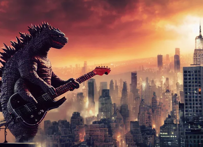 Prompt: a high quality photo of one Godzilla playing electric guitar, new york as backdrop, render, ultra realistic, cgsociety