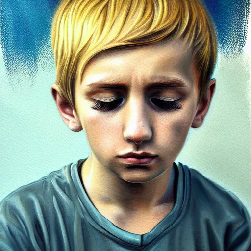 Prompt: highly detailed painting of deep sadness alone, young blonde boy, expressive emotional sadness piece, trending on art station, abstract emotional sadness expression, very very very beautiful, digital art