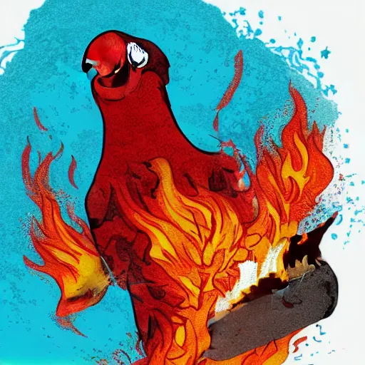 Image similar to parrot burning alive, huge fire, cartoon blood dripping