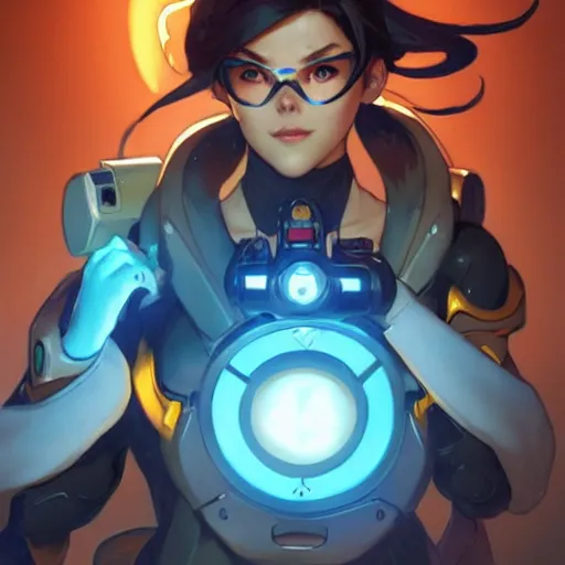 Image similar to digital character concept art by artgerm and greg rutkowski and alphonse mucha. portrait of overwatch tracer, beautiful, holding a stuff, detailed, poster art, light effect, glowing, hyper detail, intricate, elegant, digital painting, artstation, smooth, sharp focus