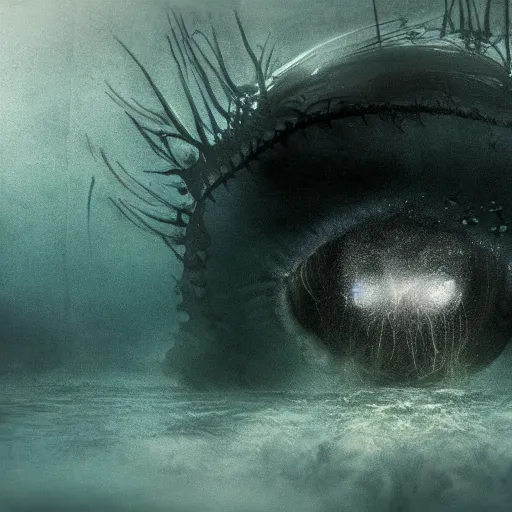 Prompt: sea monster about to eat pov underwater, visceral, unholy abomination, half submerged below eyes, pale skin, dark yellowish water, foggy water, dark, dramatic,'silent hill ', big eyes, alluring and terrifying, cinematic