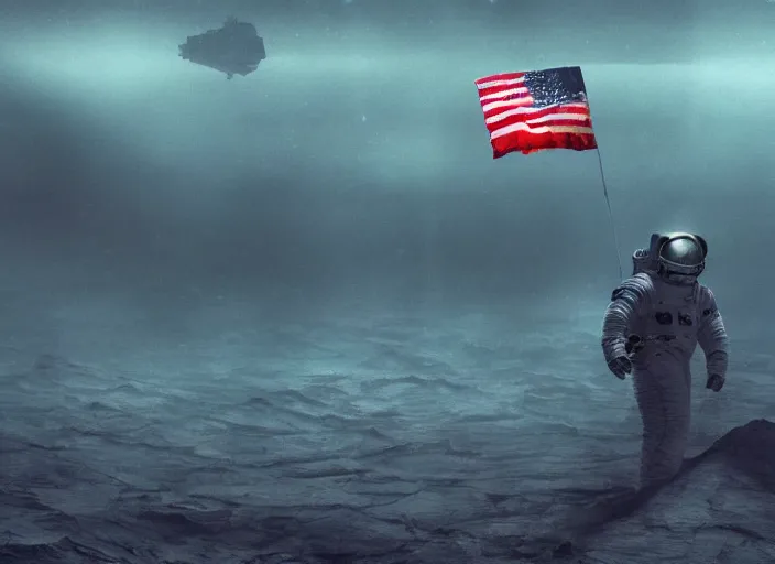 Image similar to astronaut holding a flag in an underwater desert. a submarine is visible in the distance. dark, concept art, cinematic, dramatic, atmospheric, 8 k, trending on artstation, blue, fish, low visibility, fog, ocean floor, christopher nolan, interstellar