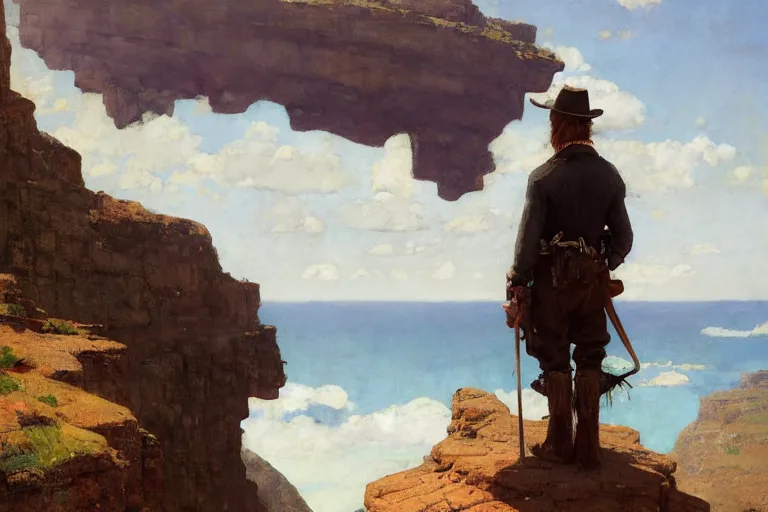 Prompt: wild west portrait of sheriff man standing at the edge of a cliff looking out, sunny day, digital art by Nerdrum John, William Waterhouse, Winslow Homer, Alex Heywood, Jordan Grimmer, Darren Quach, Greg Rutkowski, Simon Stalenhag, trending on Artstation, CGSociety