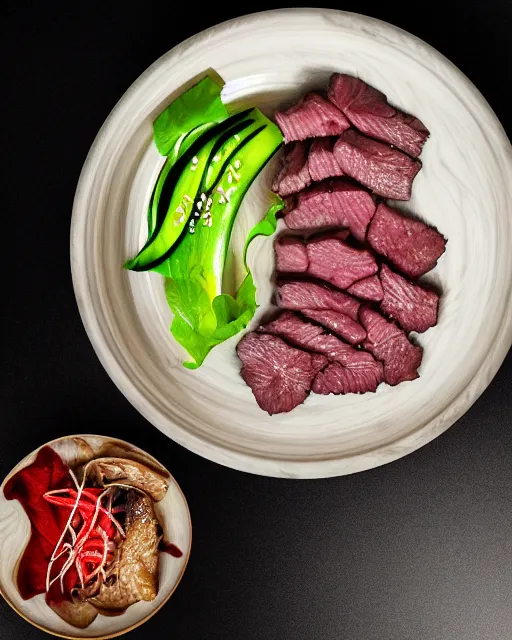 Image similar to realistic photo of delicious yakiniku, bowl, soja, white kitchen table, cloth, marble, highly detailed, by louise lister, sara ali, mary devinat, kailee mandel, masterpiece, award winning, food photography