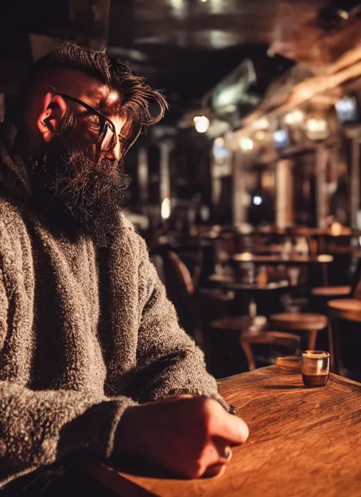 Image similar to Photography of a sad fully bearded man wearing warm clothes, and a huge travel backpack, drinking and smoking , sitting in a bar, full body shot, atmospheric lighting , wide angle lens