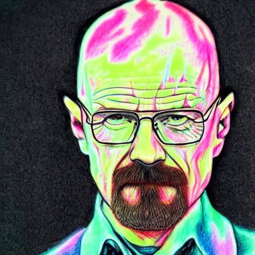 Image similar to walter white covered in acid smoke, colored pencil drawing