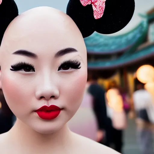 Image similar to beautiful bald chinese woman with pinup girl makeup at disneyland wearing mouse ears, night, highly detailed, theatrical lighting, sharp focus, unreal engine, epic cinematic hyperrealism masterpiece