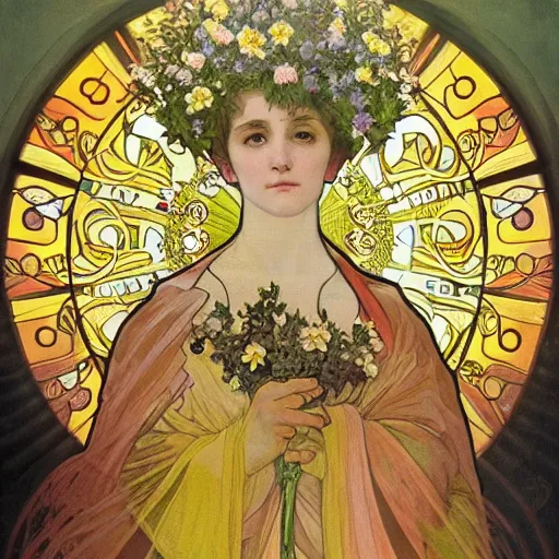 Image similar to a Masterpieces portrait of trump covered in flowers radiates holy light in the church in the style of Alphonse Mucha,Gustave Doré style,oil on canvas