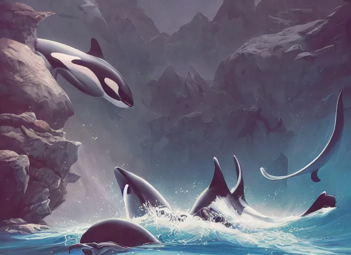 Prompt: character design, killer whales, water, detail, by peter mohrbacher, high quality