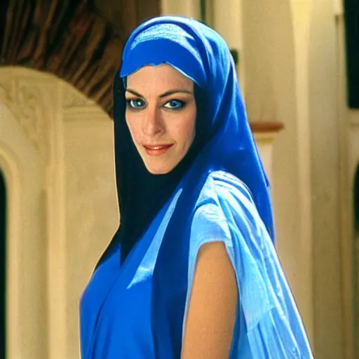 Prompt: Monica Belluci as an Arab woman, tanned skin, bright blue eyes, white veil