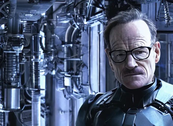 Image similar to film still of Brian Cranston as Gordan Freeman in an underground lab facility wearing a black HEV suit in the Half Life Movie, 4k