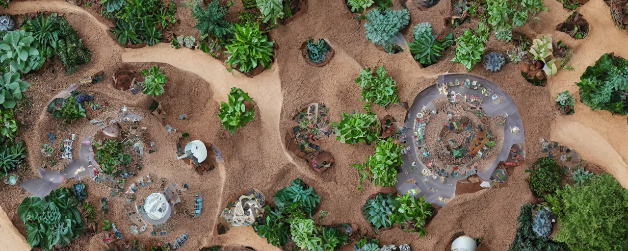 Prompt: aerial view of desert terraformation project, venus project, with snail-shaped biomimetic architecture, mini amphitheatre, mini lake, vertical vegetable gardens, robotic drones, XF IQ4, 150MP, 50mm, F1.4, ISO 200, 1/160s, natural light