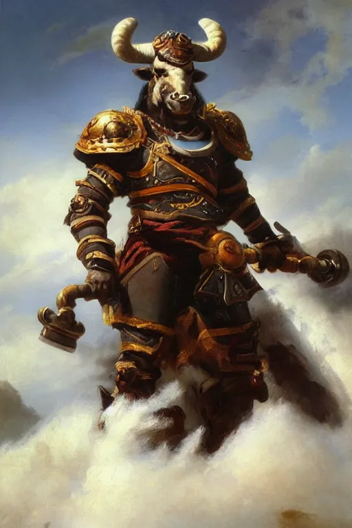 Image similar to oil painting of a tauren wearing full plate armor, in style of ivan aivazovsky, expressive face, detailed face, detailed eyes, full body, feminine face, tracer overwatch,