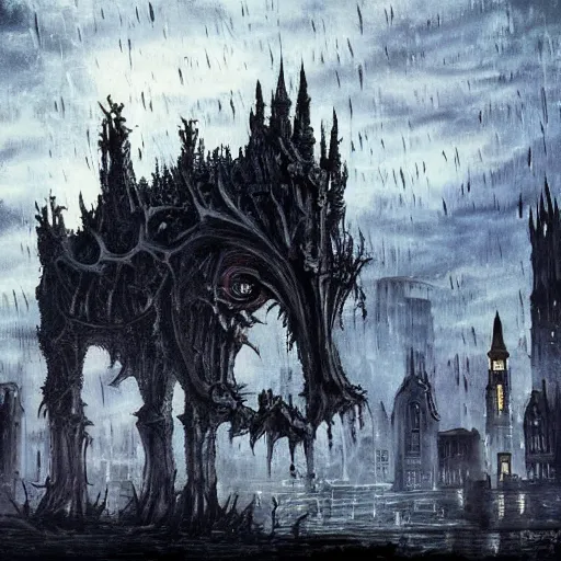 Image similar to A harrowing giant abomination stalks a gothic city, painting, dramatic lighting, raining