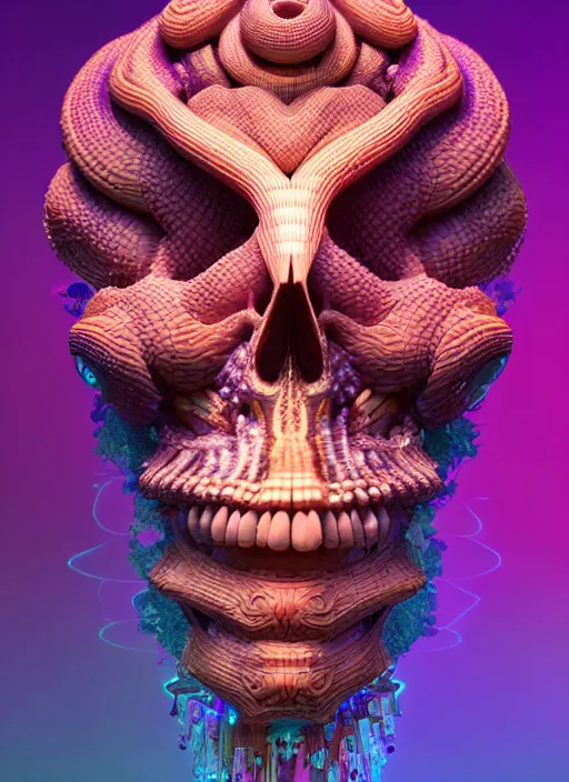 Image similar to 3 d goddess face portrait, sigma 5 0 0 mm f / 5. beautiful intricate highly detailed quetzalcoatl skull and feathers. bioluminescent, plasma, lava, ice, water, wind, creature, thunderstorm! artwork by tooth wu and wlop and beeple and greg rutkowski, 8 k trending on artstation,