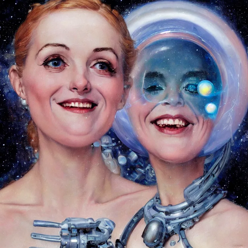 Image similar to close - up portrait painting of a beautiful alien woman smiling with big eyes in space, by norman rockwell. floating hair. glowing bubbles. muted colors, soft gradients. dark background. trending on artstation. retrofuturism.