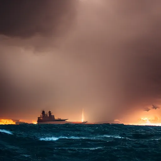 Image similar to large ship being tossed about in a fiery storm in the sea, dark, low light, terrifying, beautiful