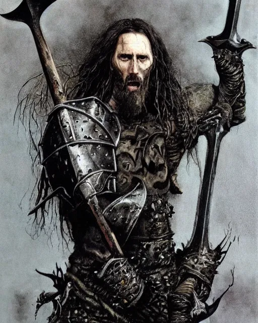 Prompt: realistic HD high detail portrait of !Kristian Elvind Espedal! aka !Gaahl! portrayed as a fearsome High Medieval High Fantasy blackguard. face and body. clad in black steel plate armour. wielding a two-handed battle-axe. in the style of Angus McBride, Jeffrey Catherine Jones, Michael Whelan, and Jeff Easley.