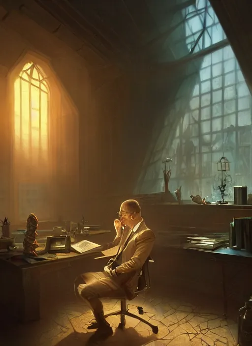 Image similar to A demon in office attire, looks at a shrunk human in a jar, in his cubicle, sunrays, dust in the air, DnD character, unreal engine, octane render, dramatic lighting, pond, digital art, by Stanley Artgerm Lau, greg rutkowski, thomas kindkade, alphonse mucha, loish, norman Rockwell,