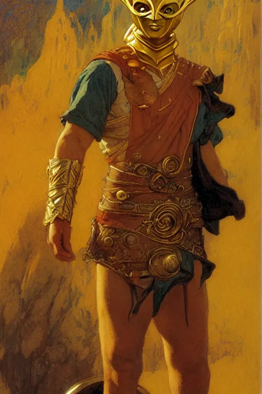 Prompt: tales of earthsea, attractive male with golden mask, character design, painting by gaston bussiere, craig mullins, j. c. leyendecker, tom of finland