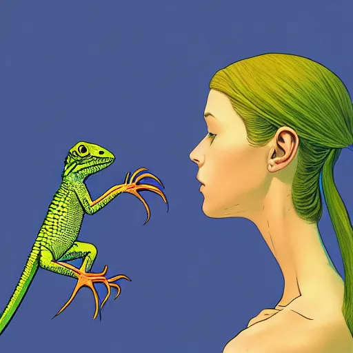 Prompt: girl and lizard, sharp focus, smooth, digital illustration, by moebius