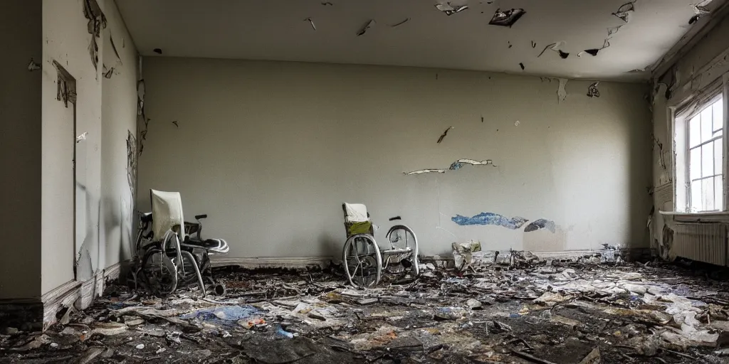 Image similar to abandoned psychiatric ward with paint peeling of the walls, dirty floor, broken wheelchair, at night, photography
