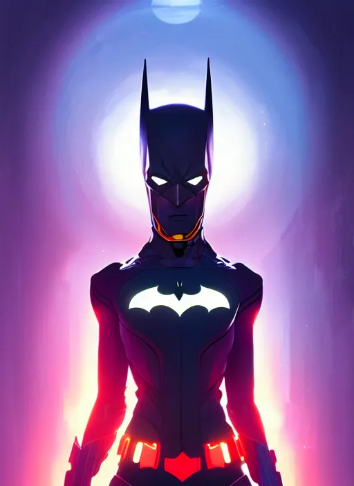 Image similar to symmetry!! portrait of batman beyond, sci - fi, tech wear, glowing lights!! intricate, elegant, highly detailed, digital painting, artstation, concept art, smooth, sharp focus, illustration, art by artgerm and greg rutkowski and alphonse mucha