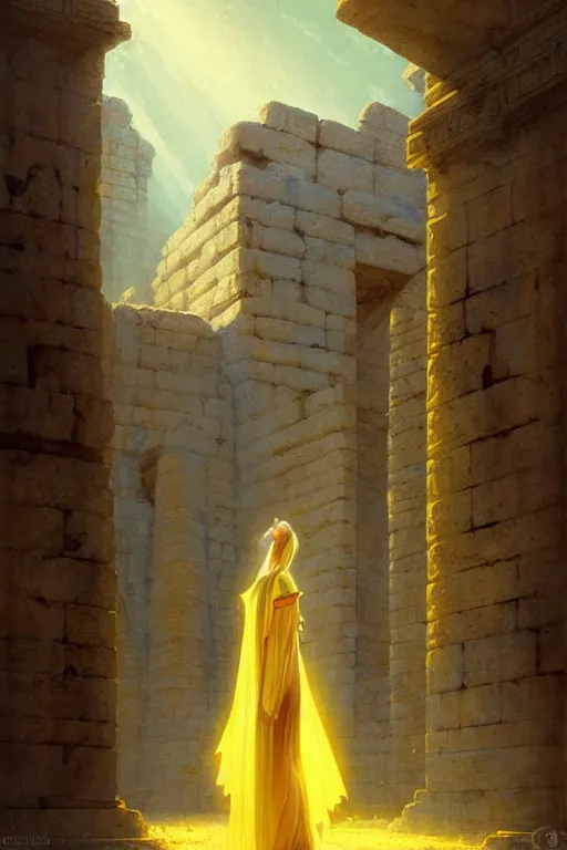 Image similar to possessed woman wearing an ancient greek tunic made of yellow paper, stephen bliss, fantasy art by greg rutkowski, rhads, ferdinand knab, makoto shinkai and lois van baarle, ilya kuvshinov, rossdraws, tom bagshaw, global illumination, radiant light, ancient greek temple ruins, green blue color theme